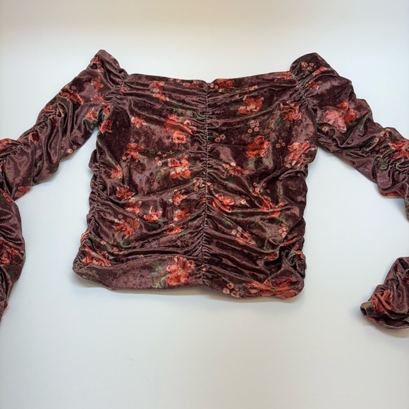 Free People Sweet Memories Velvet Top Large Floral Ruched Off Shoulder Blouse - Picture 3 of 6